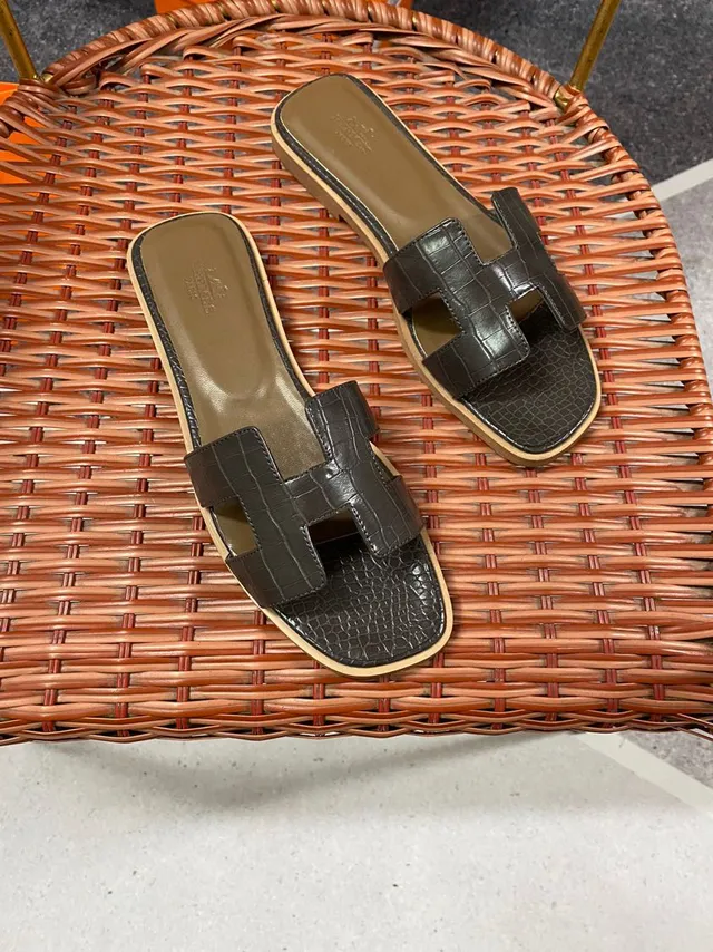 Hermès Oran H-Strap Croc-Embossed Brown Slippers 3