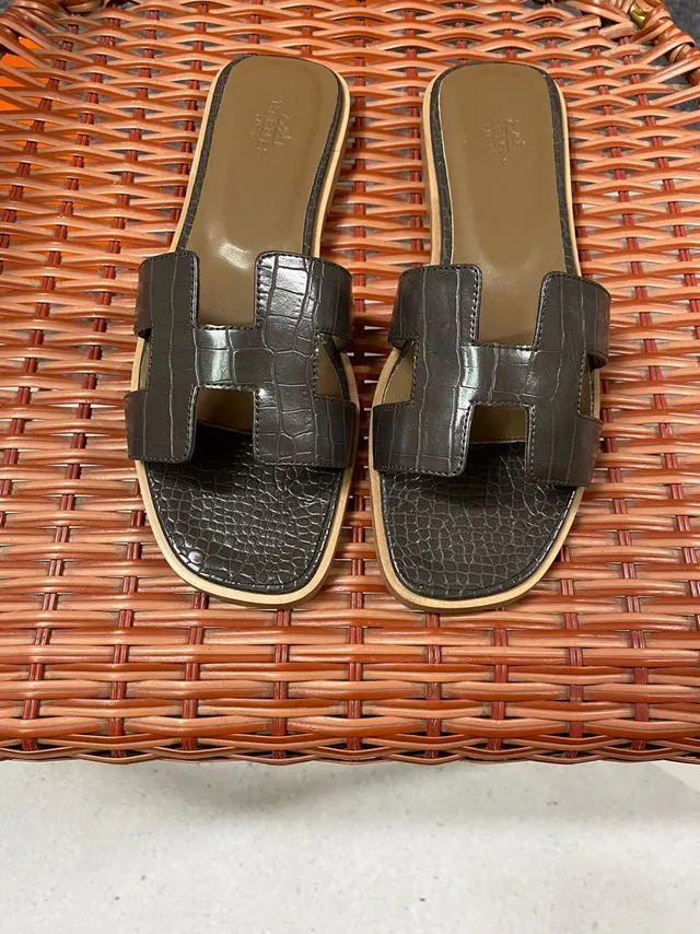 Hermès Oran H-Strap Croc-Embossed Brown Slippers 5