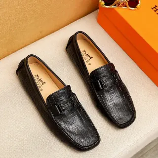Hermès Oran 黑色 压花几何图案 皮革 乐福鞋