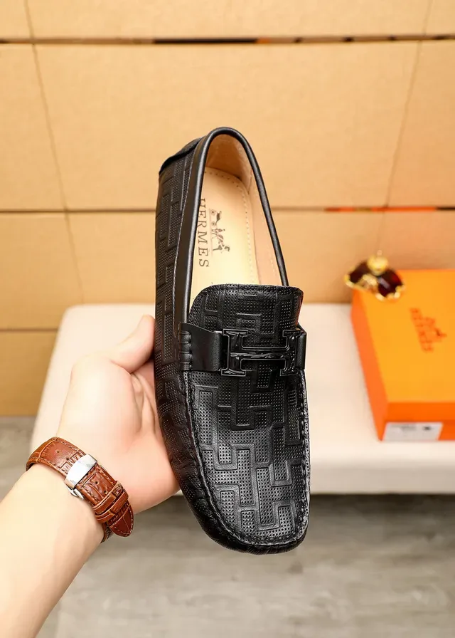 Hermès Oran Loafer Black Embossed Geometric Pattern Leather Loafer 7