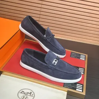Hermès Oran 海军色麂皮白色鞋底乐福鞋