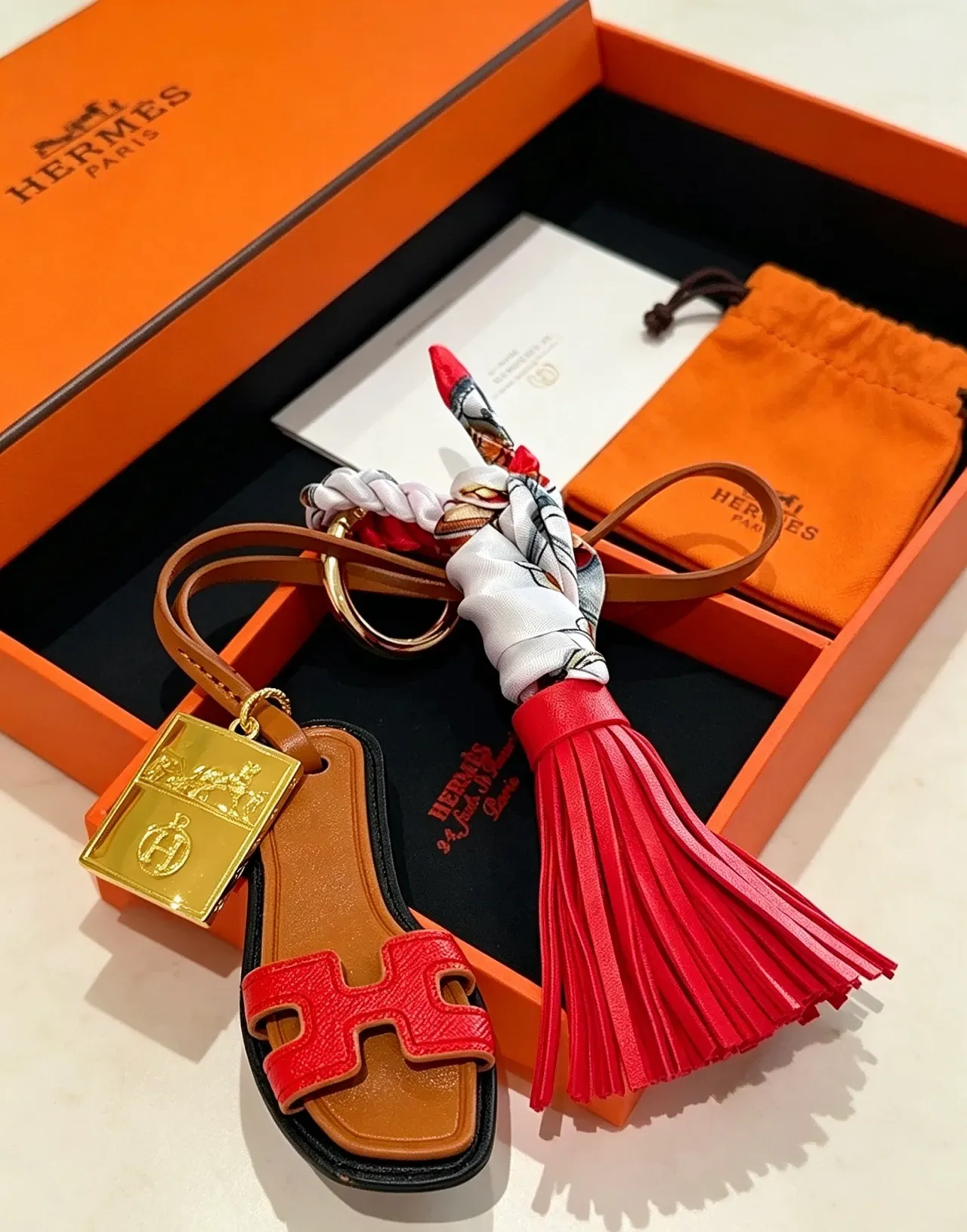 Hermès Oran Bolso H Rojo Marrón Cuero Motivo Pañuelo de Seda 6
