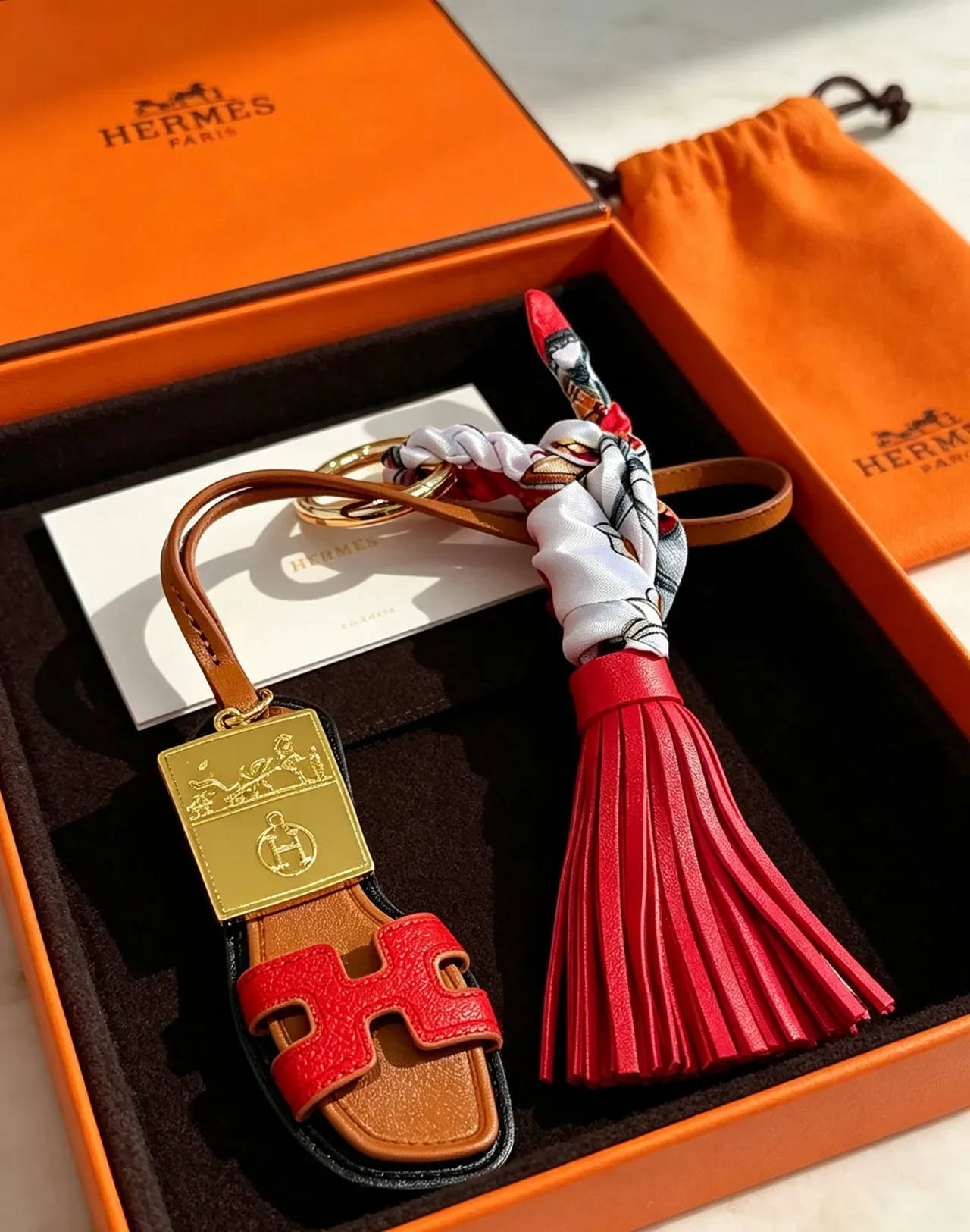 Hermès Oran Bolso H Rojo Marrón Cuero Motivo Pañuelo de Seda 7