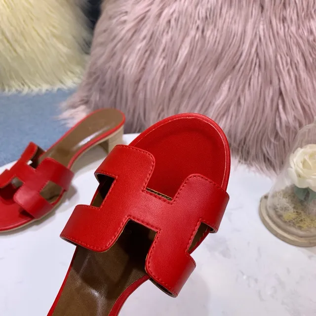 Hermès Red Brown H-Strap Leather Slippers 4