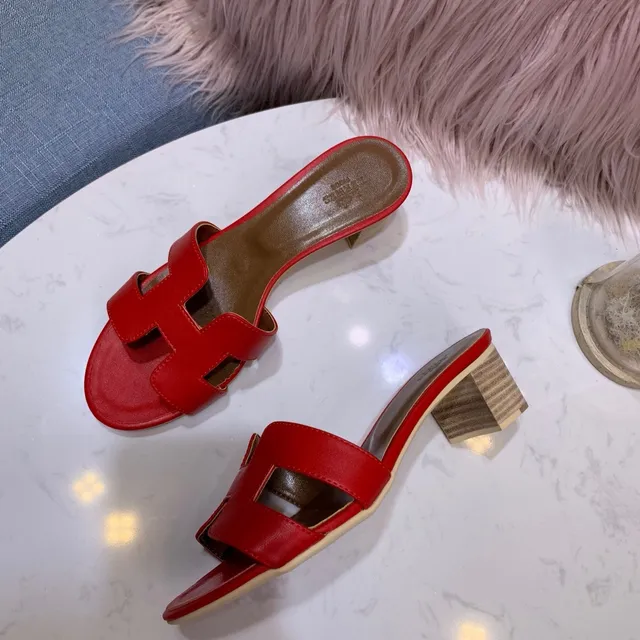 Hermès Red Brown H-Strap Leather Slippers 5