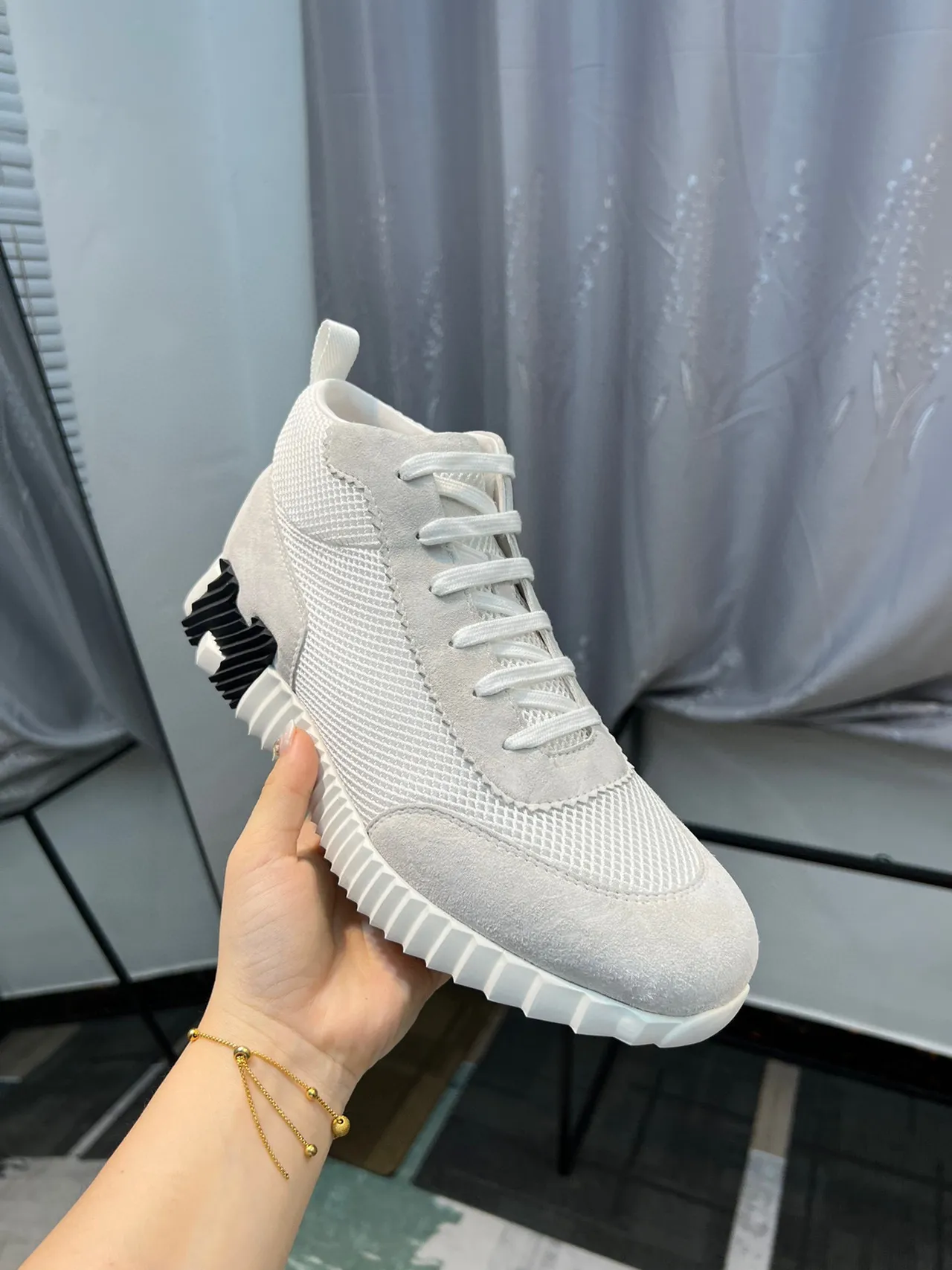Hermès White Black High-Top Mesh-Suede Hybrid Upper Chunky Sneakers 6