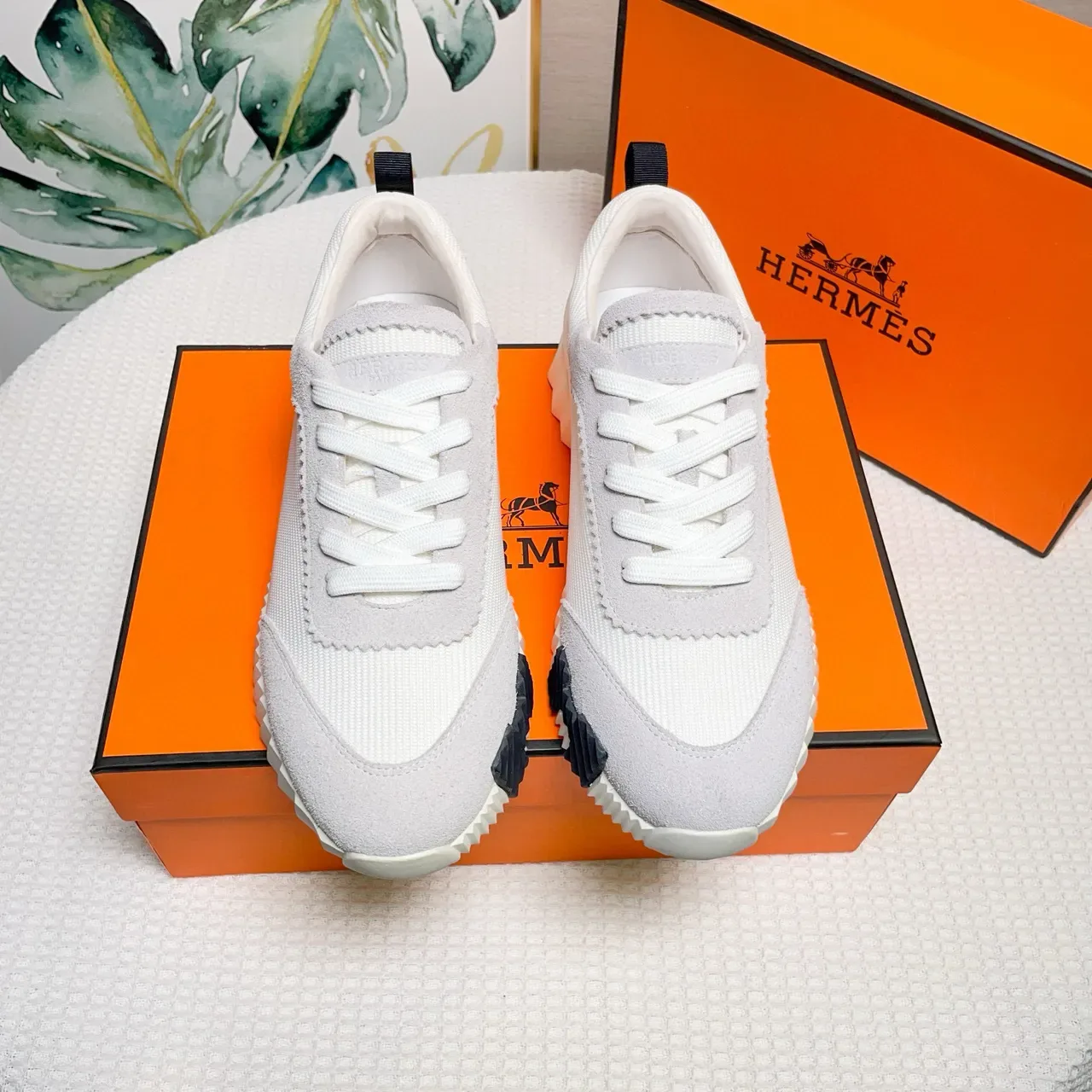 Hermès White Gray Sculpted Ridged Midsole Two-Tone Suede-Mesh Upper Sneakers 4