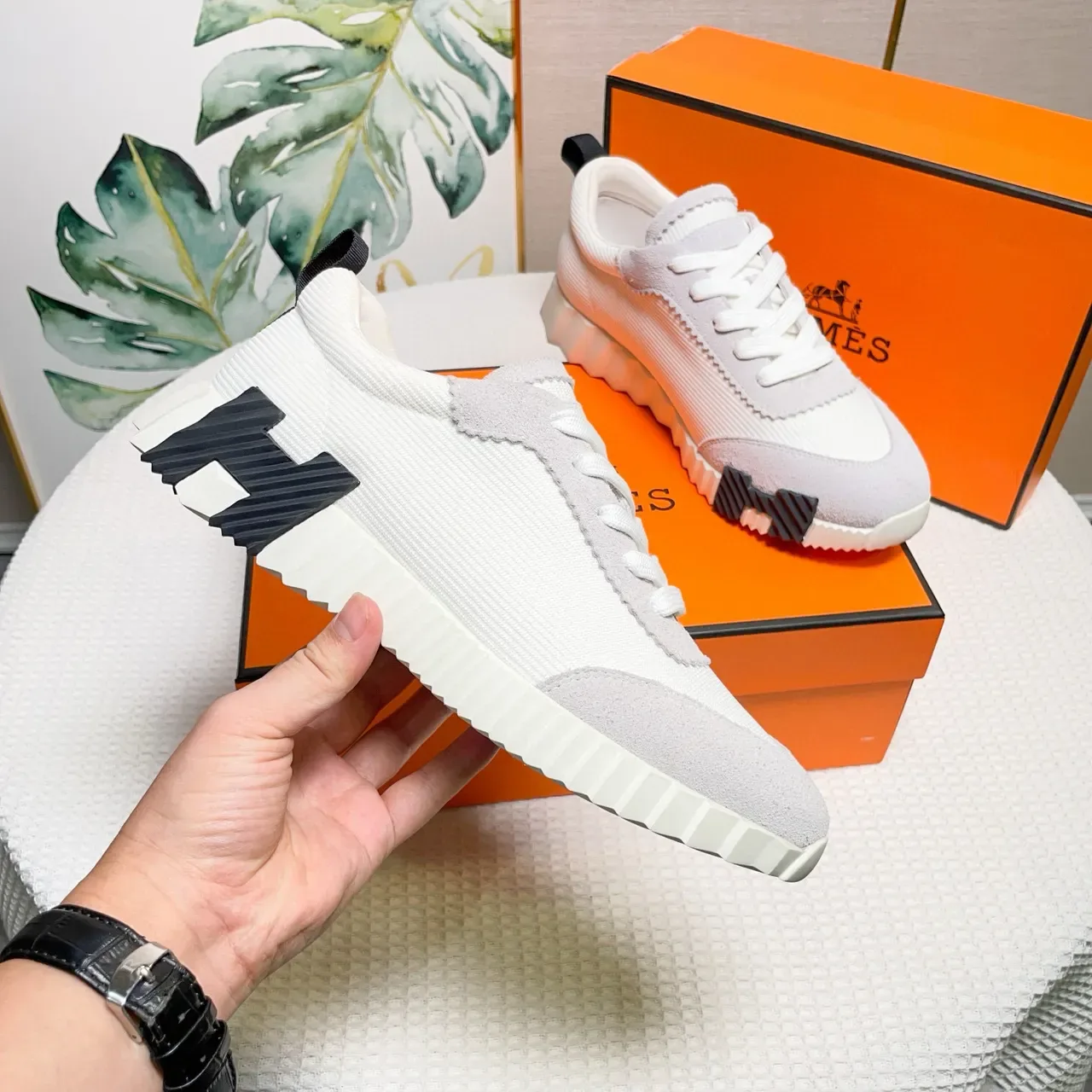 Hermès White Gray Sculpted Ridged Midsole Two-Tone Suede-Mesh Upper Sneakers 7
