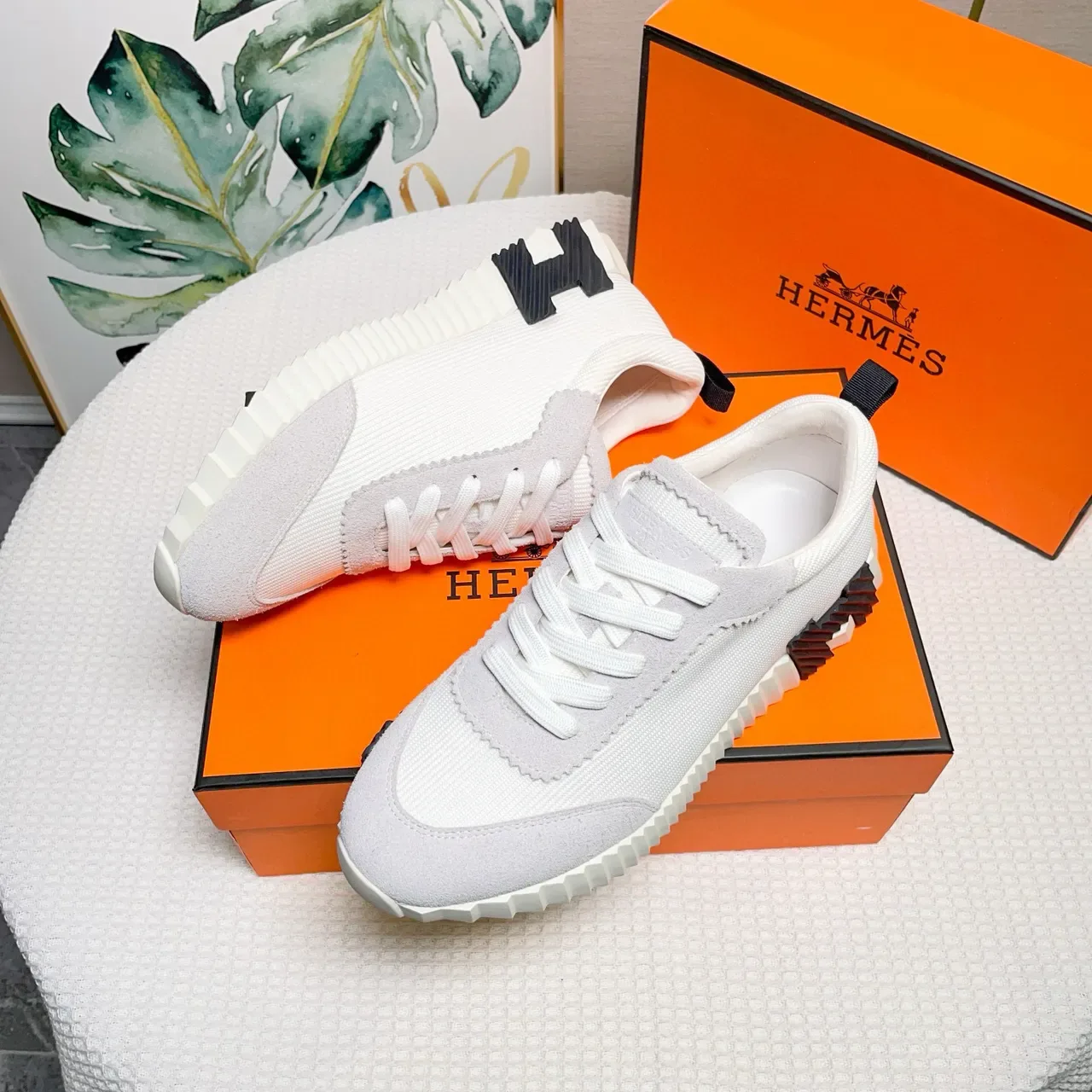 Hermès White Gray Sculpted Ridged Midsole Two-Tone Suede-Mesh Upper Sneakers 9