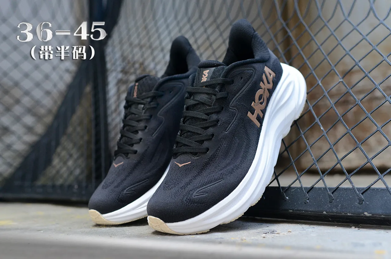 Hoka Black Gold Engineered Knit Upper Sculpted White Midsole Running Shoes 5