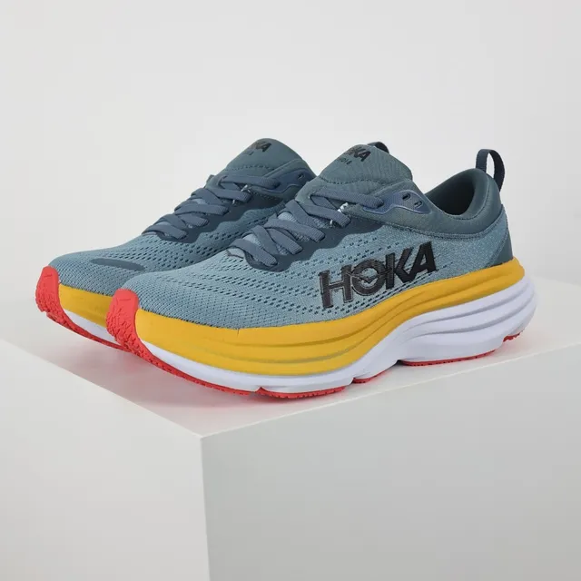 Hoka Clifton Blue Yellow Maximalist Cushioned Sole Engineered Knit Upper Running Shoes 2