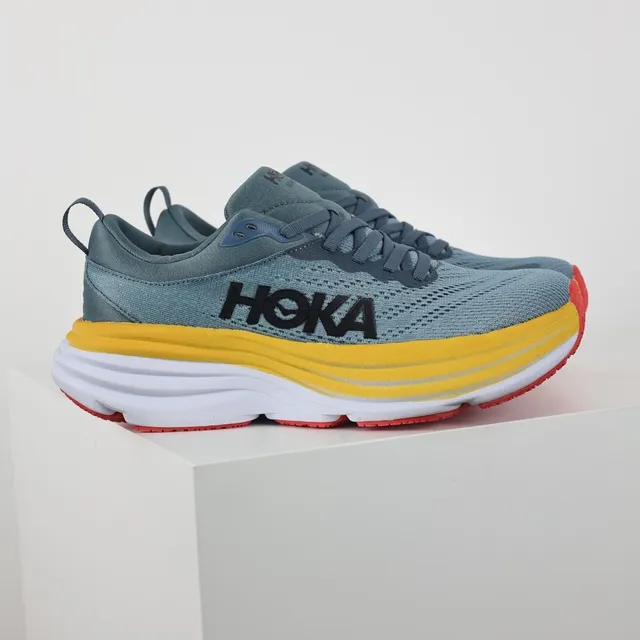 Hoka Clifton Blue Yellow Maximalist Cushioned Sole Engineered Knit Upper Running Shoes 3