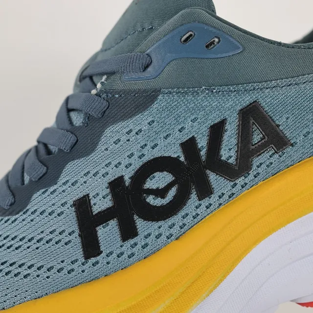 Hoka Clifton Blue Yellow Maximalist Cushioned Sole Engineered Knit Upper Running Shoes 6