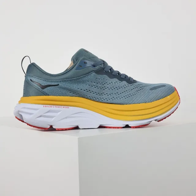 Hoka Clifton Blue Yellow Maximalist Cushioned Sole Engineered Knit Upper Running Shoes 7
