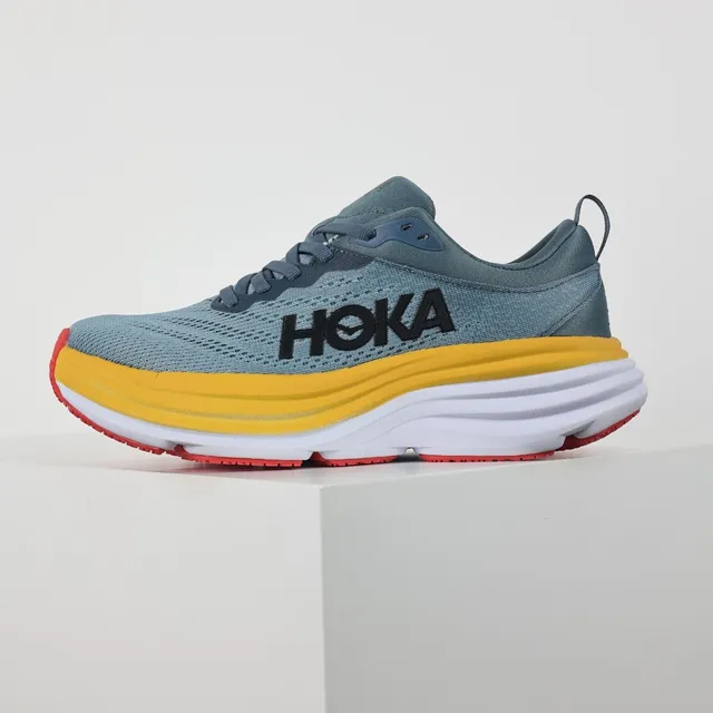 Hoka Clifton Blue Yellow Maximalist Cushioned Sole Engineered Knit Upper Running Shoes 9