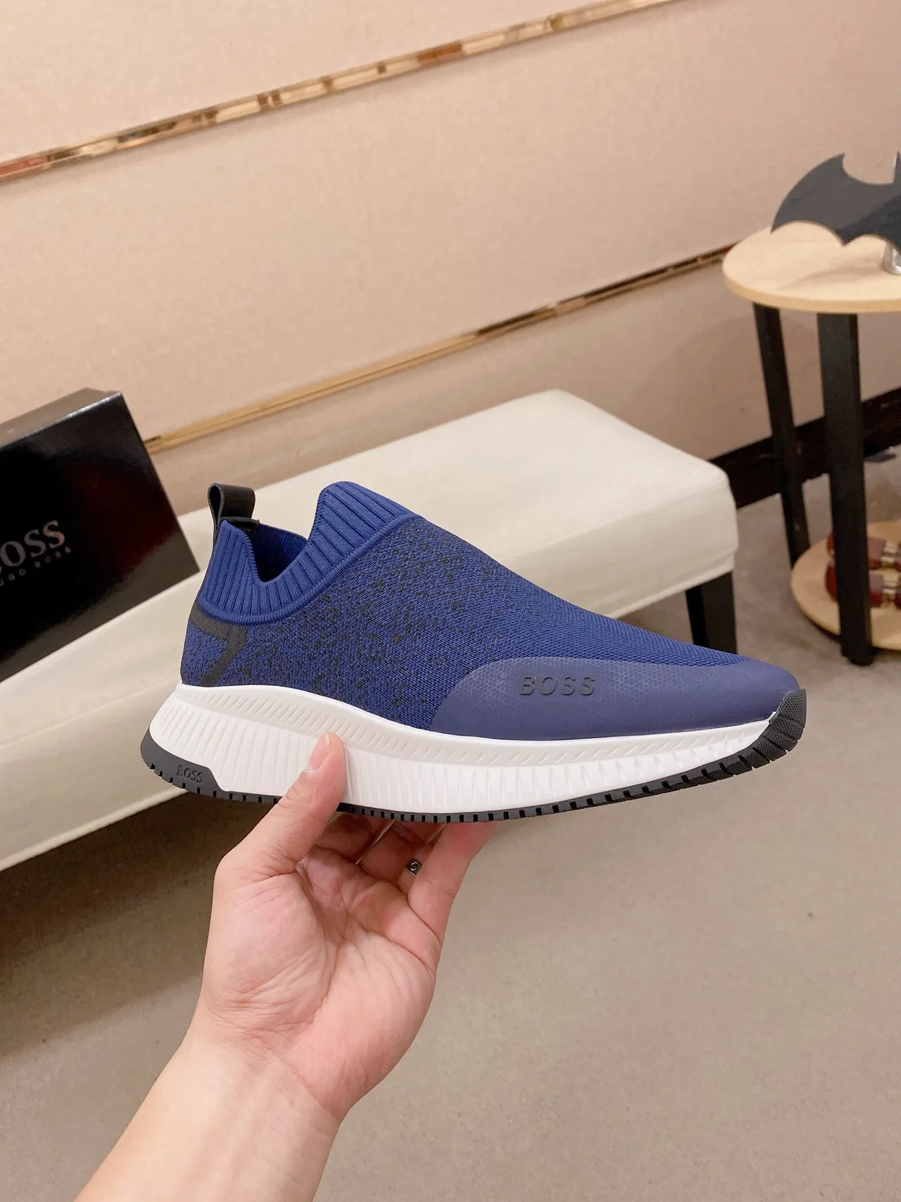 Hugo Boss Azul Branco Slip-On Ajuste de Meia Parte Superior de Malha Sneakers Lifestyle 5