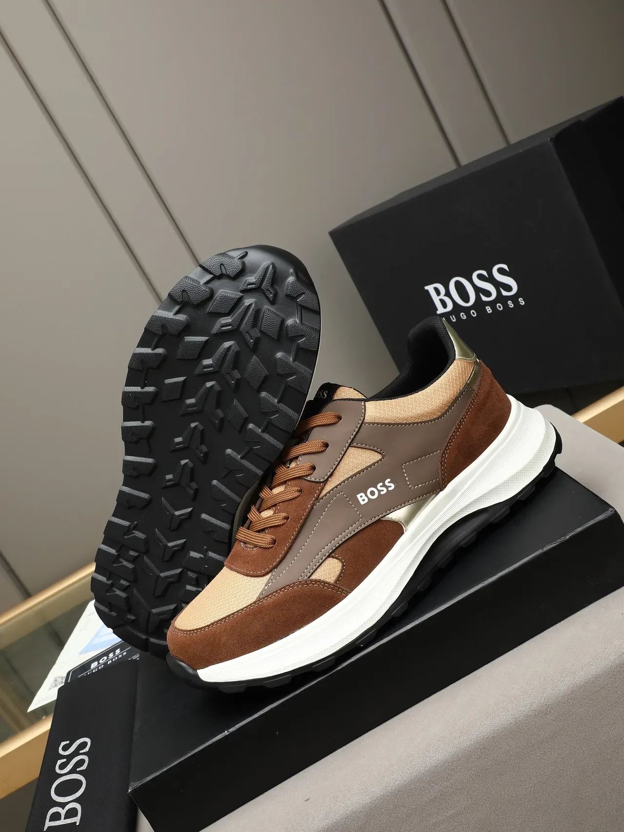 Hugo Boss Brown Beige Mixed-Material Upper Suede And Mesh Paneling Sneakers 4