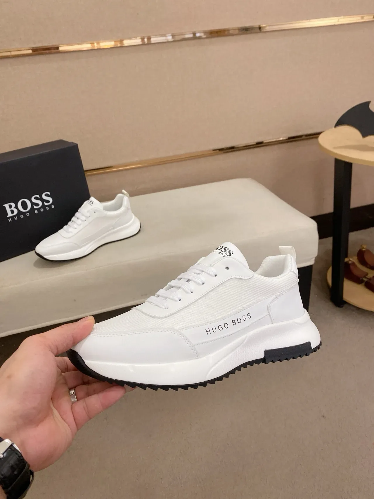 Hugo Boss branco preto têxtil e sintético superior sculptado chunky midsole lifestyle sneakers 3