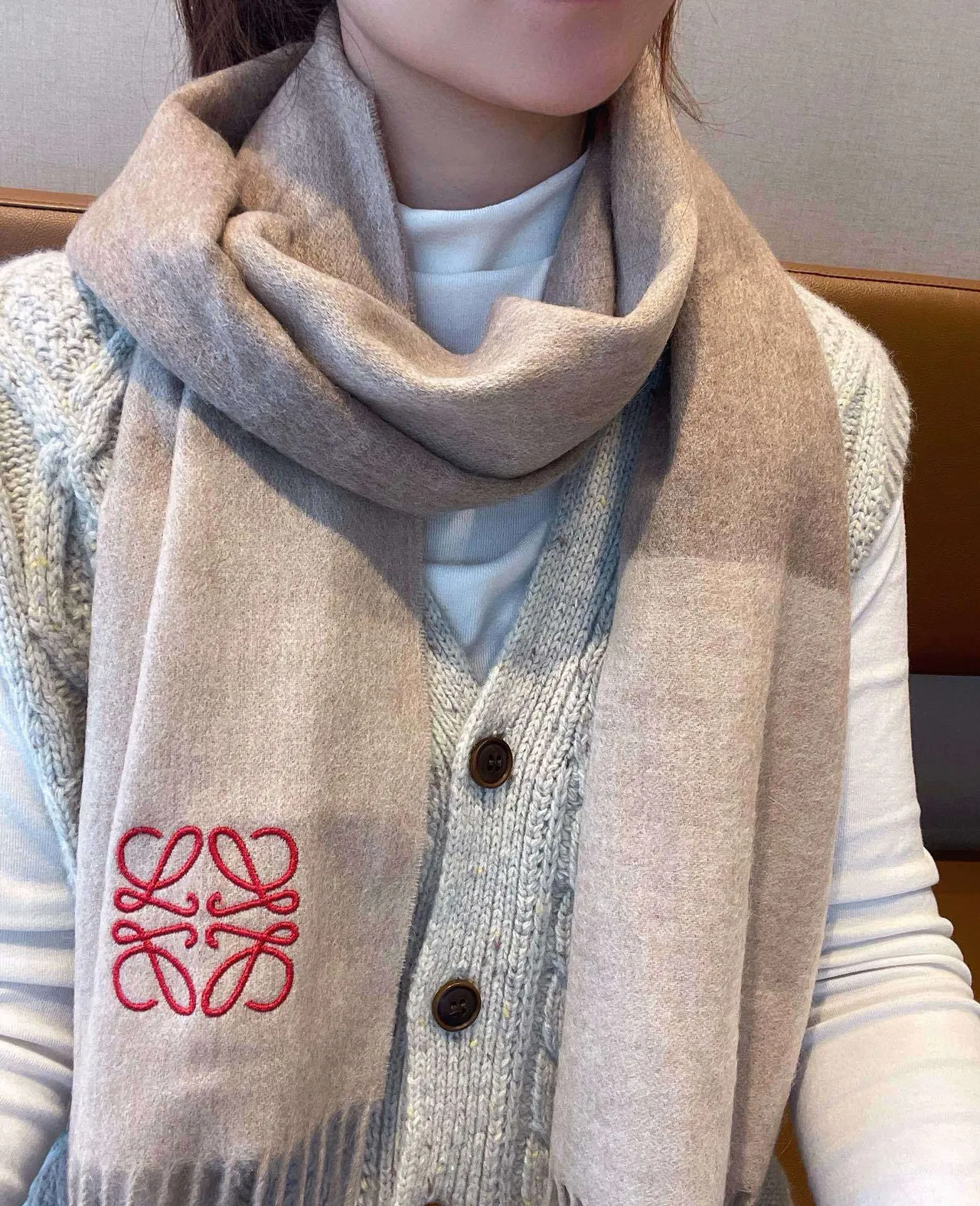 Loewe Anagram-Embroidered Beige Cashmere Scarf 2