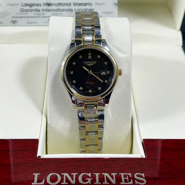 Longines ساعة ذهب أسود ثنائي اللون صلبة من الفولاذ المقاوم للصدأ مع وجه ساعة غيلوشيه كوارتز 3