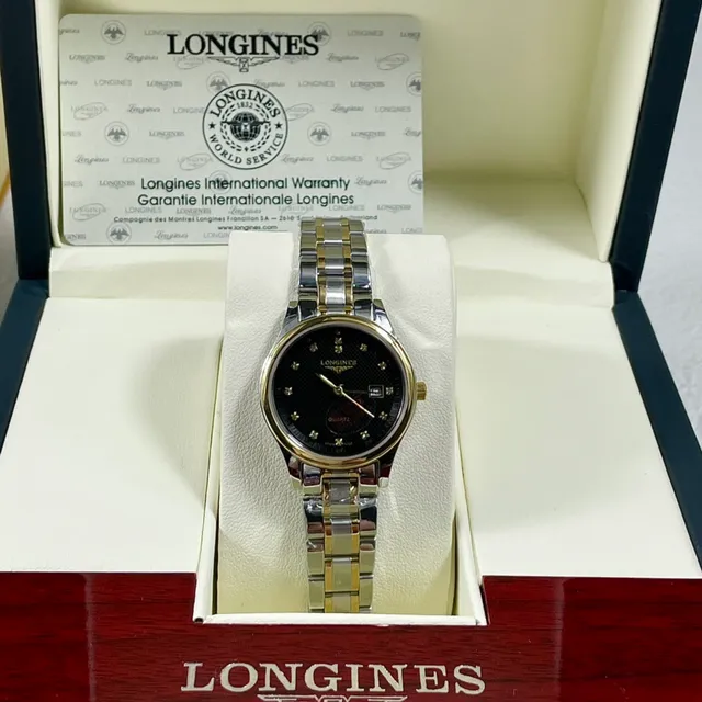 Longines ساعة ذهب أسود ثنائي اللون صلبة من الفولاذ المقاوم للصدأ مع وجه ساعة غيلوشيه كوارتز 4