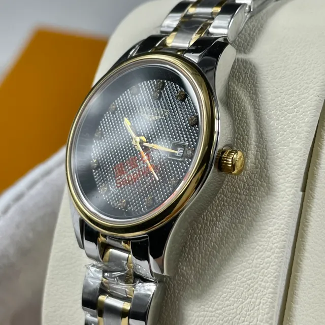 Longines ساعة ذهب أسود ثنائي اللون صلبة من الفولاذ المقاوم للصدأ مع وجه ساعة غيلوشيه كوارتز 5