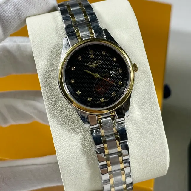 Longines ساعة ذهب أسود ثنائي اللون صلبة من الفولاذ المقاوم للصدأ مع وجه ساعة غيلوشيه كوارتز 6
