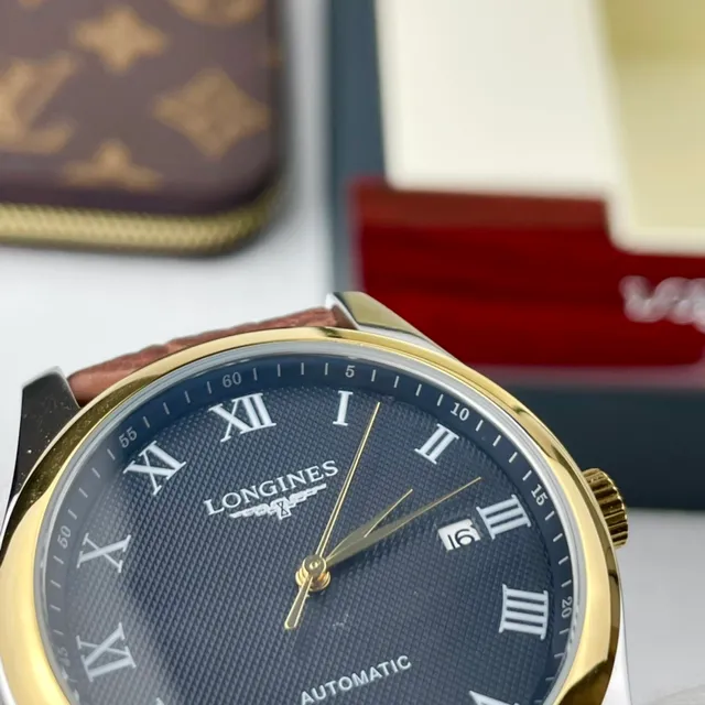 Longines Boîtier bleu marron or-ton cadran guilloché montre mécanique 4