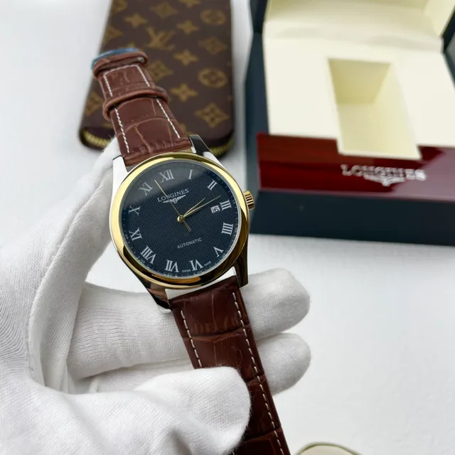 Longines Boîtier bleu marron or-ton cadran guilloché montre mécanique 5