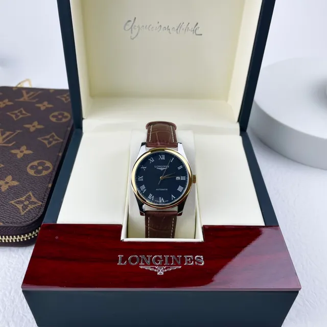 Longines Boîtier bleu marron or-ton cadran guilloché montre mécanique 6