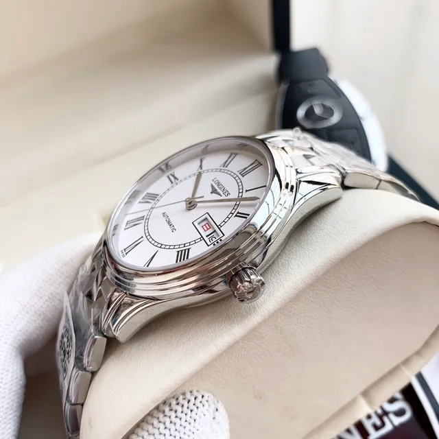 Longines Reloj mecánico con esfera de acero inoxidable plateada blanca 4