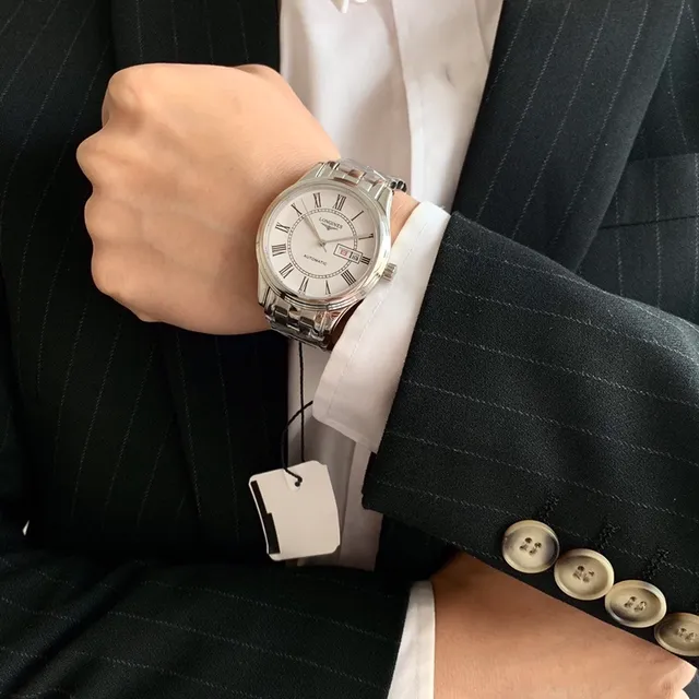 Longines Reloj mecánico con esfera de acero inoxidable plateada blanca 5