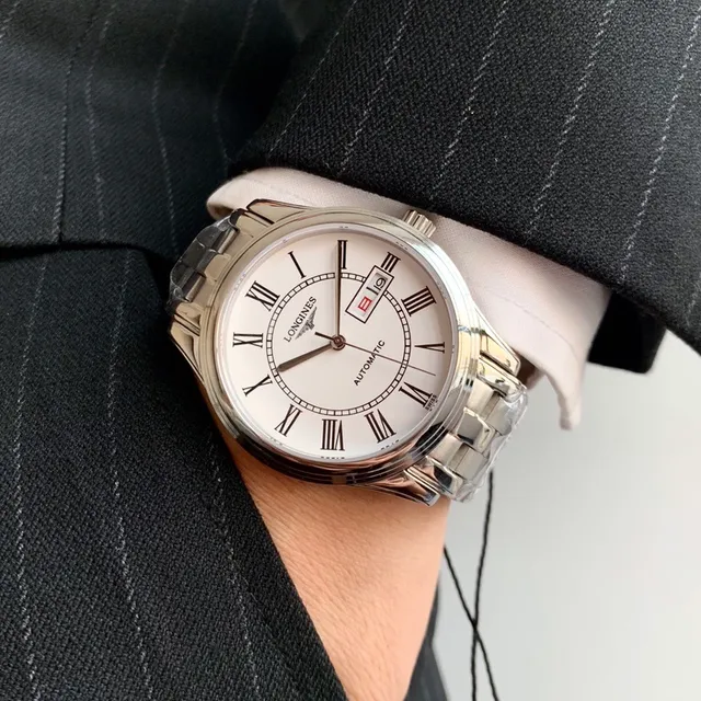 Longines Reloj mecánico con esfera de acero inoxidable plateada blanca 7