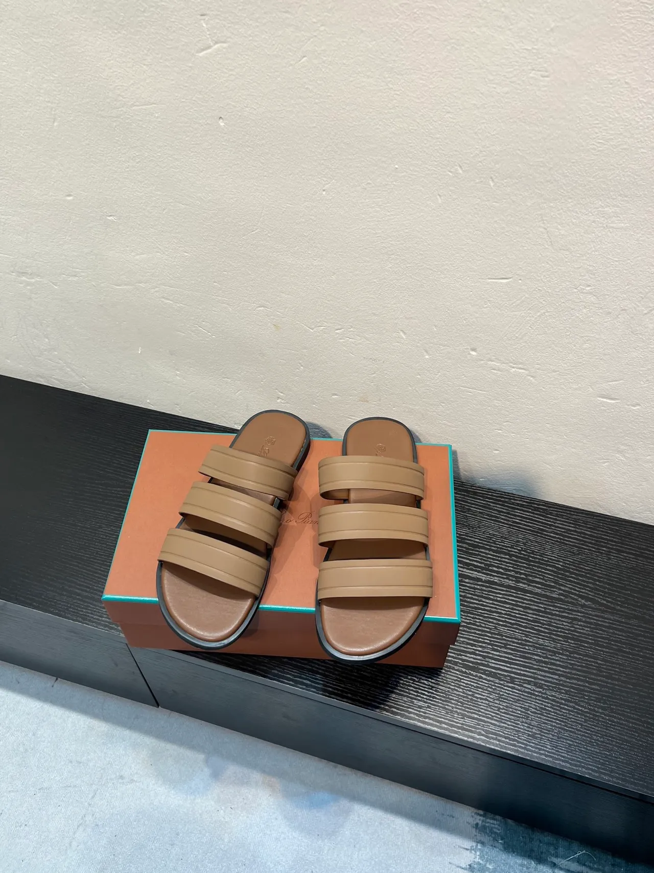 Loro Piana Beige Black Three-Strap Padded Slippers 2