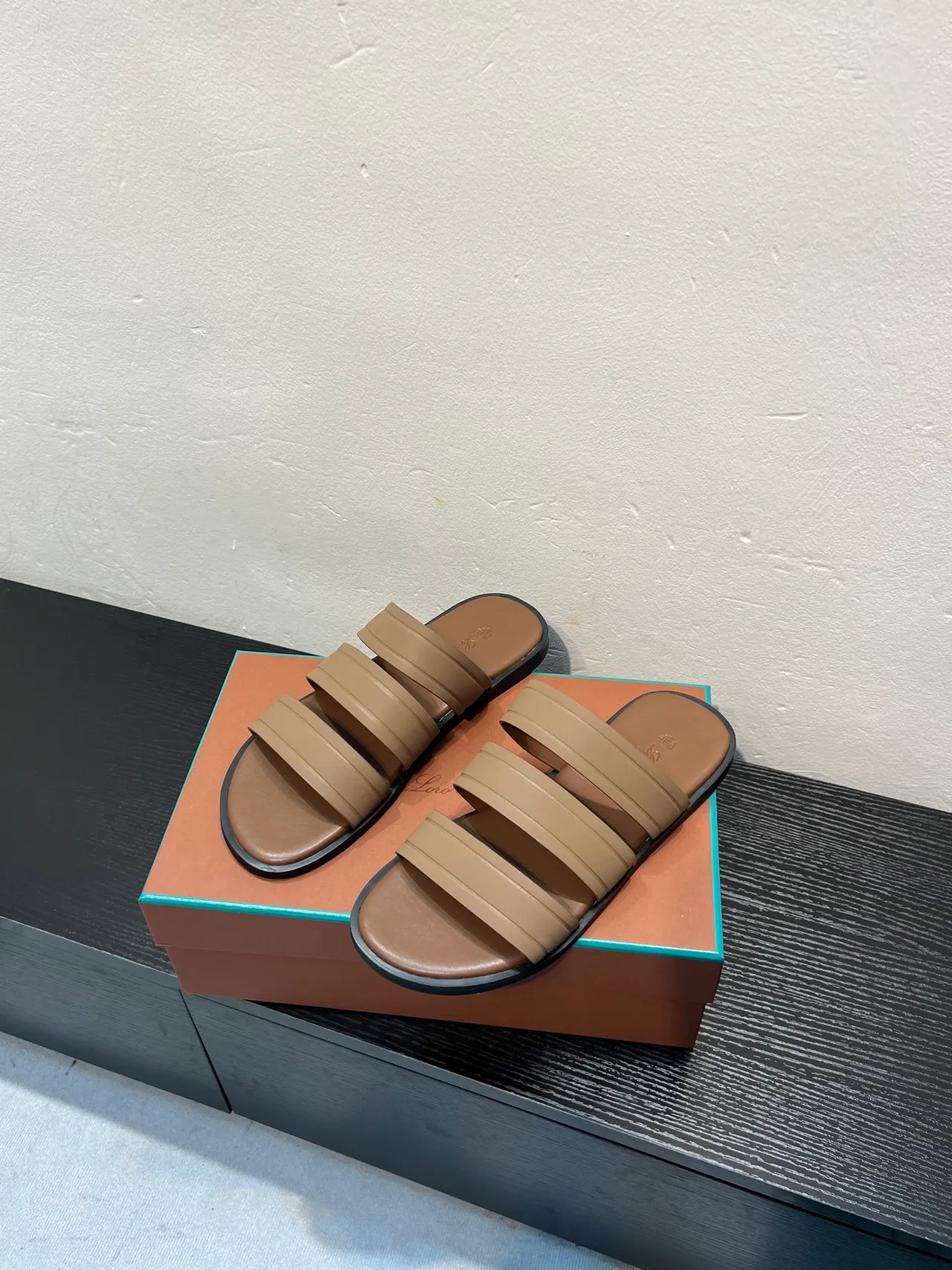 Loro Piana Beige Black Three-Strap Padded Slippers 3
