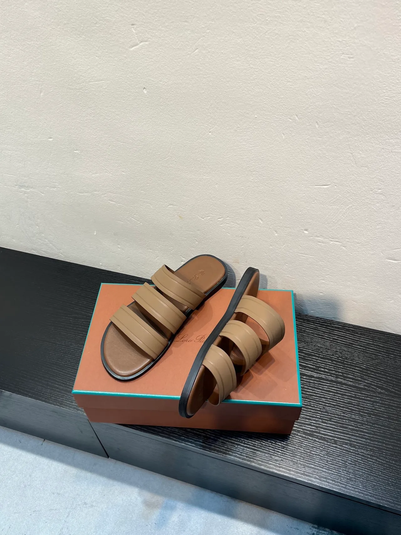 Loro Piana Beige Black Three-Strap Padded Slippers 4