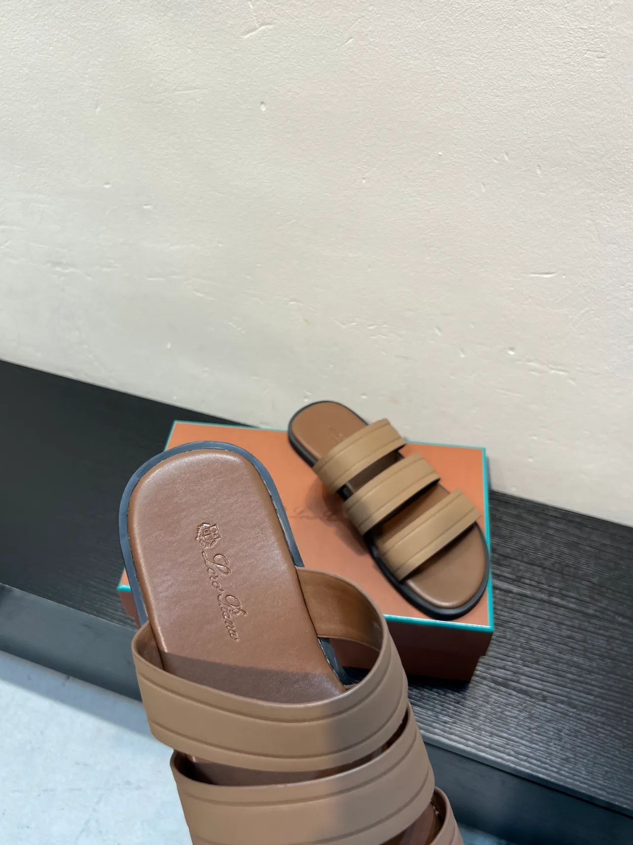 Loro Piana Beige Black Three-Strap Padded Slippers 7