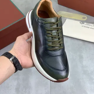 Loro Piana Black Army Green Leather Upper Contrast Laces Sneakers