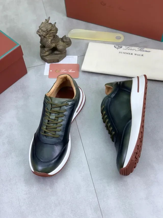 Loro Piana Zapatillas Negras y Verde Militar Cuero Superior Cordones Contrastantes 6