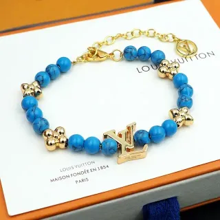 Pulsera Louis Vuitton Perlas Turquesa y Dorada con Monograma LV