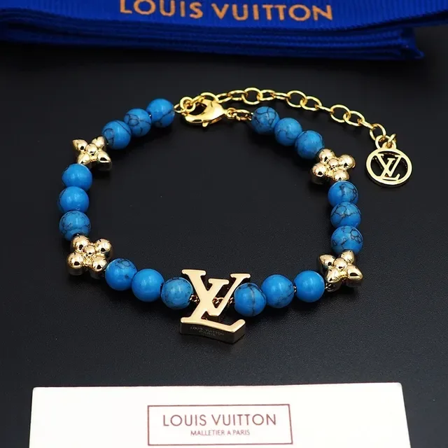 Louis Vuitton Beaded Turquoise and Gold-Tone LV Monogram Bracelet 8
