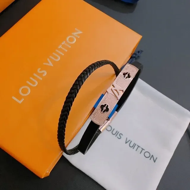 Louis Vuitton Pulsera de Cuero Trenzada Negro Azul de Dos Bandas 5