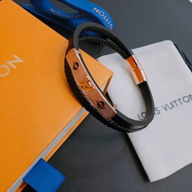 Louis Vuitton Pulsera de Cuero Trenzada Negro Azul de Dos Bandas 6