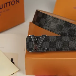 路易威登黑色灰色Damier Graphite格纹帆布抛光银色LV扣头皮带