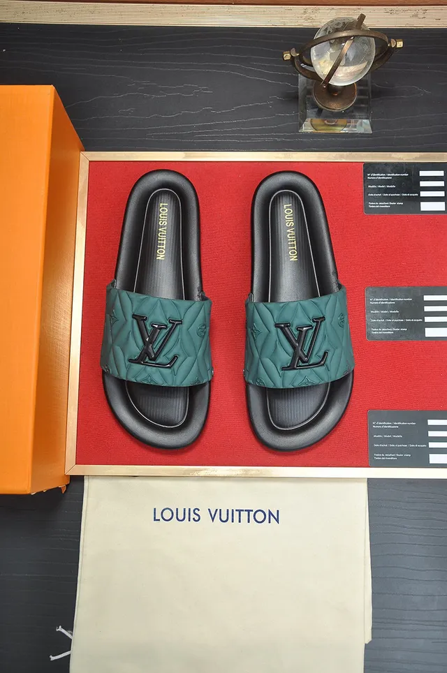 Louis Vuitton Black Green Quilted Strap Embossed Monogram Slippers 3