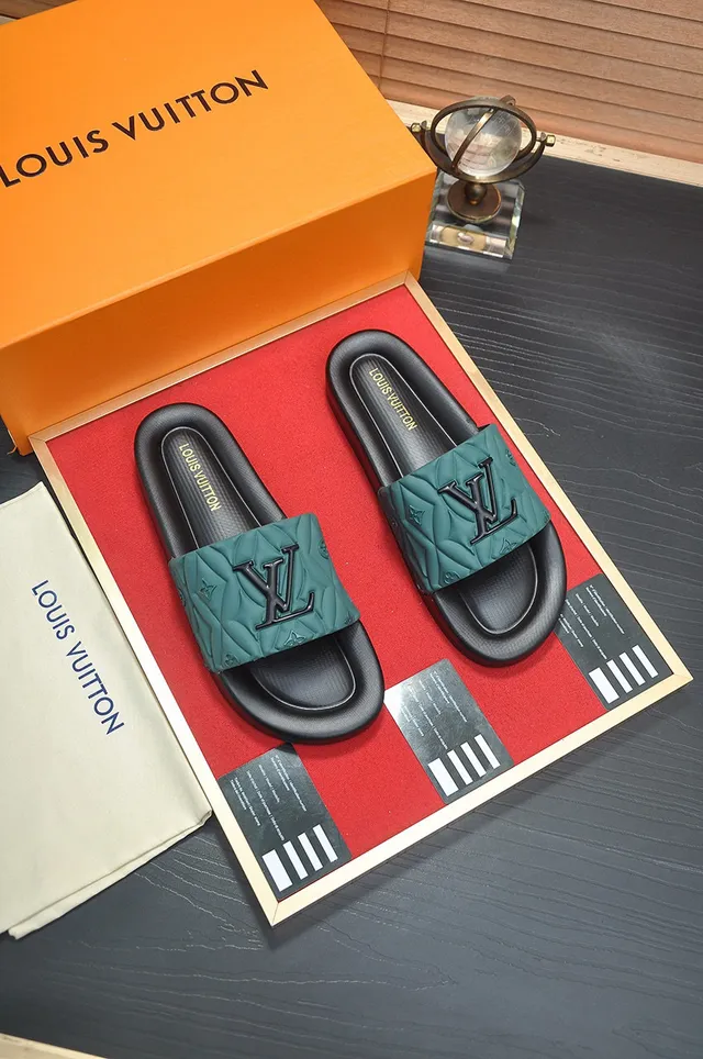 Louis Vuitton Black Green Quilted Strap Embossed Monogram Slippers 4