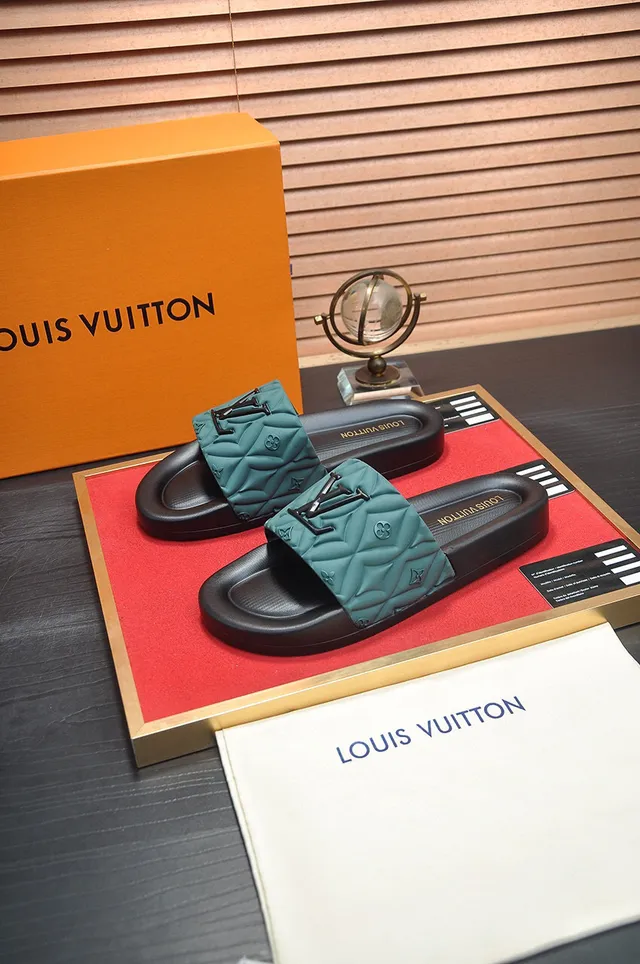 Louis Vuitton Black Green Quilted Strap Embossed Monogram Slippers 5