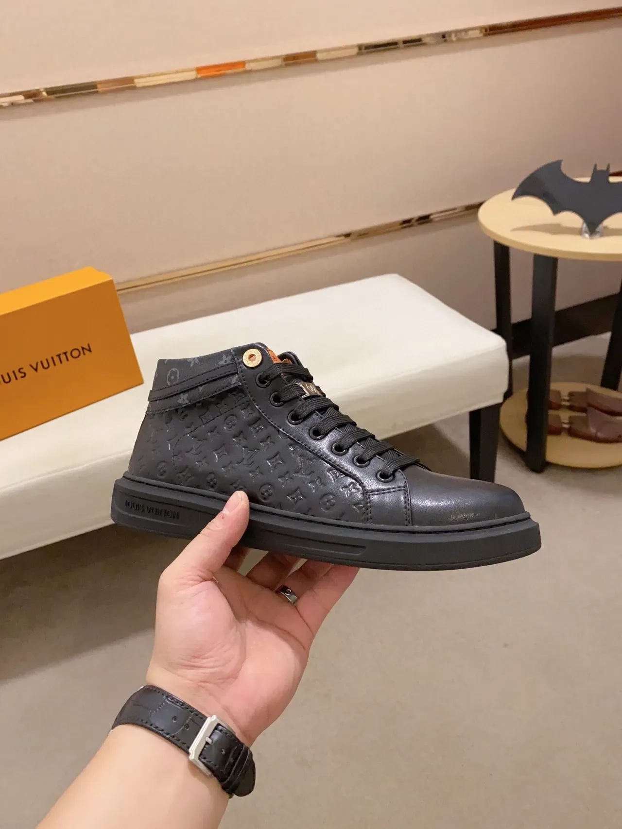 Louis Vuitton Black Monogram-Embossed Leather High-Top Lifestyle Sneakers 4