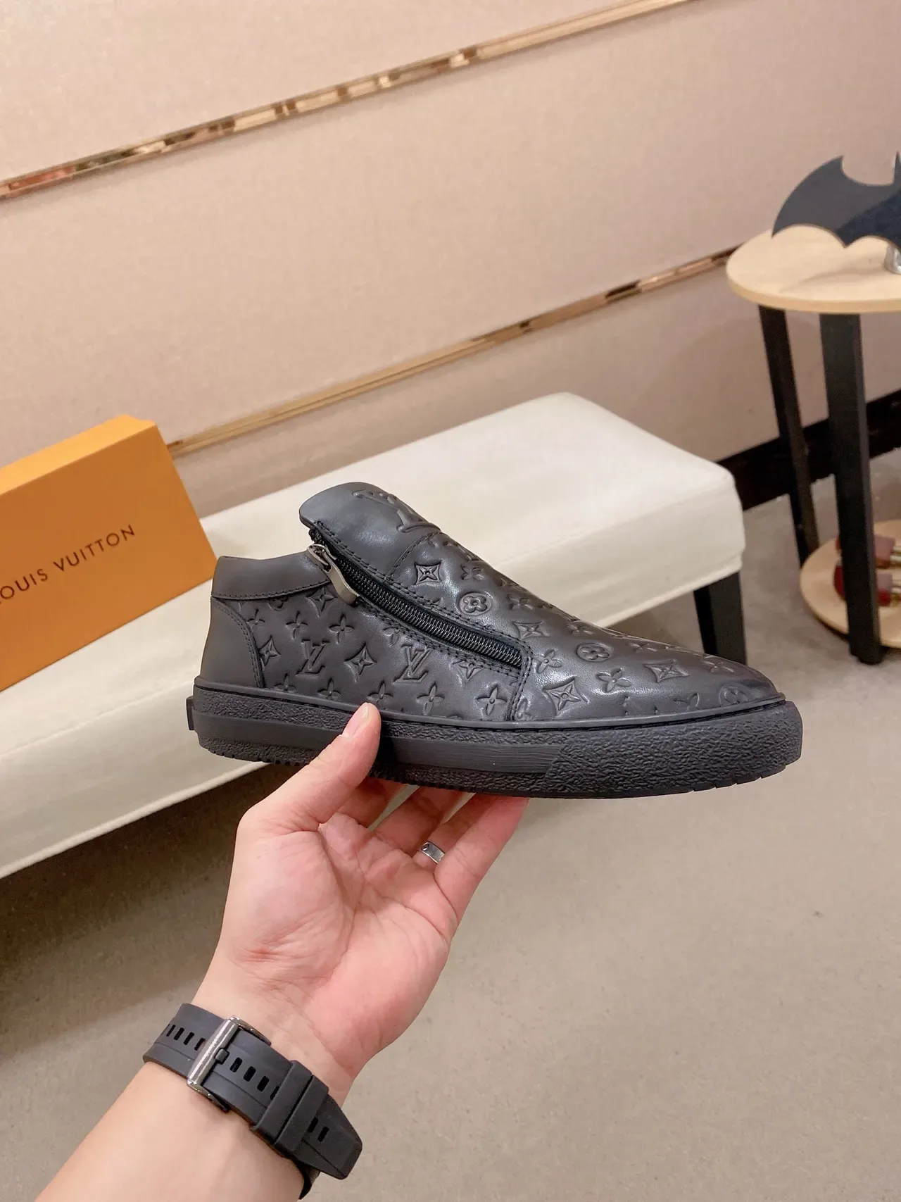 Louis Vuitton Black Monogram-Embossed Zipper-Side Lifestyle Sneakers 4