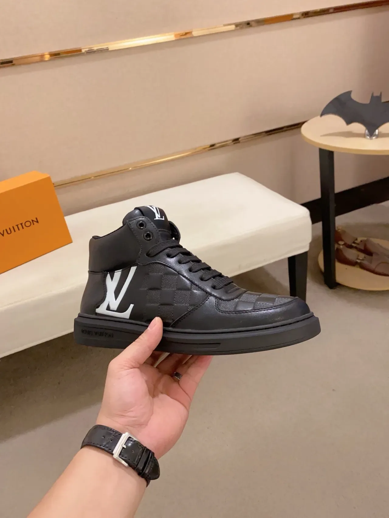 Louis Vuitton Black White High-Top Woven Leather Lifestyle Sneakers 4